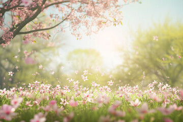  Spring's beauty blooms as cherry blossoms paint the sky pink, adorning tree branches with vibrant petals in a lush garden