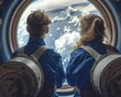 back view, young woman and young man inside a space ship wear blue uniforms while they gaze out a window that overlooks Earth, scifi, futurism