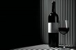 Bottle and glass of red wine on a black background,   rendering