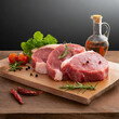 raw meat placed on a rustic wooden surface with a transparent background, highlighting the natural and organic qualities of the ingredients.