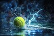 Thunderous Tennis Ball Splashing in Rainstorm with Dramatic Lighting and Vibrant Reflection