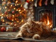 Cozy Christmas Living Room with Feline Companion Enjoying the Festive Atmosphere
