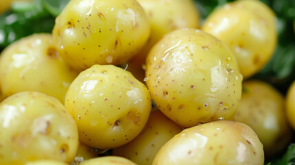 A stack of potatoes, a type of starchy tuberous crop, piled up on a table. Potatoes are a versatile food ingredient and a popular produce in many cuisines around the world