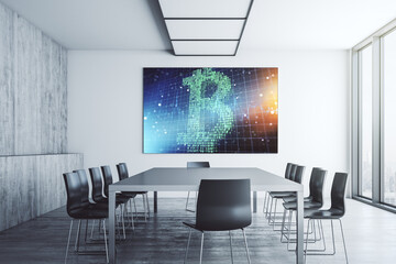 Poster - Creative Bitcoin symbol hologram on presentation monitor in a modern boardroom. Mining and blockchain concept. 3D Rendering