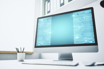 Poster - Creative abstract micro chip hologram on modern computer monitor, artificial intelligence and machine learning concept. 3D Rendering