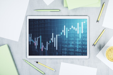 Poster - Top view of abstract creative financial diagram on modern digital tablet display, banking and accounting concept. 3D Rendering