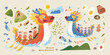 Dragon boat festival elements isolated on beige background with dragon boats, food, and decorations.