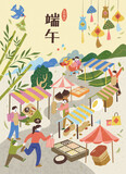 Fototapeta  - Duanwu festival poster with people at outdoor traditional market. Text: Dragon Boat Festival. May 5th