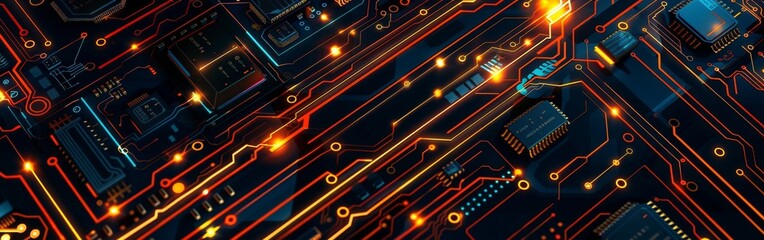 Aufkleber - A computer circuit board is shown with many different colored lights illuminating various components. The lights indicate activity and data transfer within the electronic device.