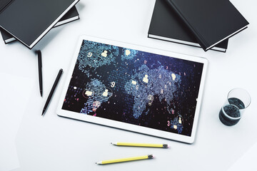Poster - Top view of modern digital tablet monitor with social network icons concept and world map. Marketing and promotion concept. 3D Rendering