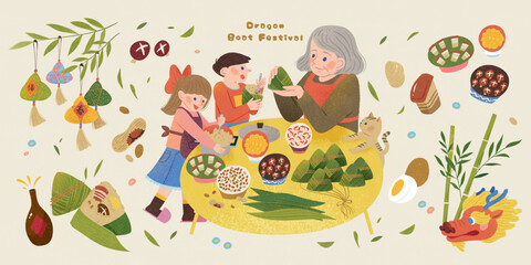 Wall Mural - Duanwu elements of people preparing zongzi and food ingredients isolated on beige background.