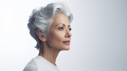 Poster - Generative AI Senior female writer, exhibiting introspection and thoughtfulness, deep in contemplation, against a white backdrop
