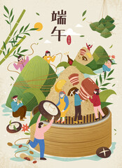 Wall Mural - Duanwu holiday poster. Miniature people on giant zongzi mountain. Text: Dragon Boat Festival. May 5th