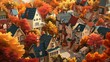 Generative AI Bird's-eye depiction of a cottage town in autumn, colorful foliage, cozy houses, seasonal ambiance, detailed and picturesque illustration