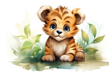 Cute cartoon tiger. Watercolor illustration isolated on white background.