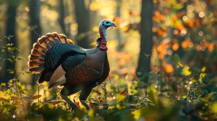 Poster - A close-up view of a wild turkey walking in a forest setting, showing detailed features of the bird and surrounding foliage.