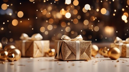 Aufkleber - Generative AI Ultra-realistic depiction of elegant white and gold Christmas presents arranged artfully on an empty table, surrounded by mesmerizing blurred bokeh lights. Shimmering holiday ambiance, r