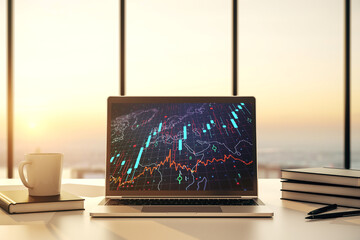 Poster - Modern computer monitor with abstract creative financial chart with world map, research and strategy concept. 3D Rendering