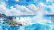 A watercolor painting showing a majestic waterfall cascading in the middle of the vast ocean, creating a unique natural phenomenon that seems surreal.