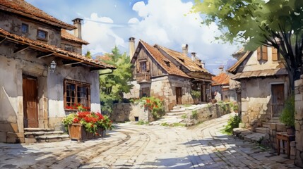 Aufkleber - Generative AI A rustic, old-town European village with cobblestone streets. landscape watercolor
