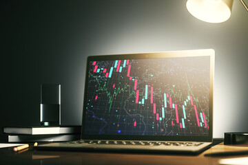 Poster - Modern computer monitor with creative abstract global crisis chart with world map hologram. Financial crisis and recession concept. 3D Rendering