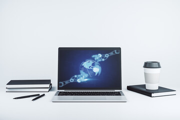 Aufkleber - Creative abstract robotics technology hologram with globe on modern computer monitor, artificial intelligence and machine learning concept. 3D Rendering
