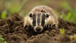 A raccoon is actively digging in the dirt in a field, using its sharp claws to unearth possible food sources like insects or roots.