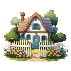 Poster - Generative AI A charming fairytale cottage with a thatched roof and a white picket fence.