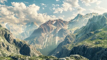 Wall Mural - The mountains are covered in snow and the sky is cloudy. The mountains are very tall and the clouds are covering the sky