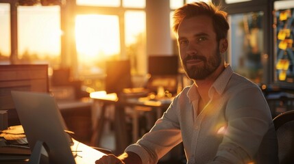 Wall Mural - A man is sitting at a desk with a laptop in front of him. He is wearing a blue shirt and has a beard. The room is well lit, and there are several chairs and desks in the background