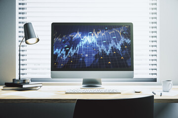 Poster - Abstract financial diagram with world map on modern laptop screen, banking and accounting concept. 3D Rendering