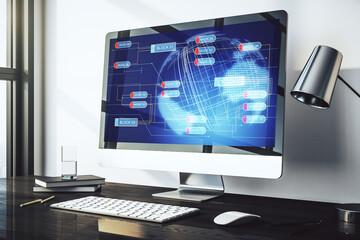Poster - Abstract creative coding concept with world map on modern laptop screen. 3D Rendering