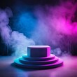 cloud computing concept,an empty podium amidst a backdrop of dark smoke, providing neon light pink blue light background a dramatic product platform