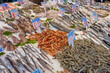 Fresh prawns and more fish and seafood for sale at a market in Naples, Italy