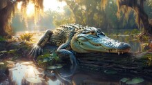 Alligator Resting On A Fallen Log, Its Jagged Teeth Glistening In The Sunlight.