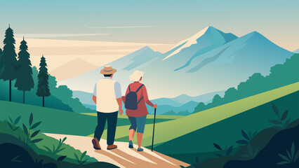a senior couple stands on a hiking trail enjoying the fresh air and beautiful scenery. they are part