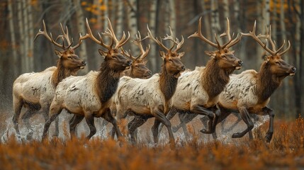 Wall Mural - Elk Herd Moving Swiftly Through a Forest, Illustrating Unity and Collective Movement.