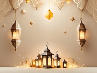 Poster - Islamic greeting Ramadan Kareem and Eid Mubarak card background design with lanterns, lamps, and beige colour design.