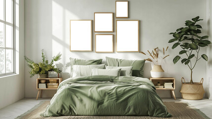 Wall Mural - Modern bedroom interior with green bed linen and wooden accessories. - empty picture frames on wall above bed.