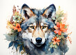 Watercolor painting of head wolf draw by among leaves and flowers nature on white background. Realistic animal clipart template pattern. Background Abstract Texture.
