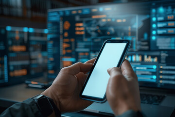 Poster - a person is holding a cell phone and looking at a computer screen