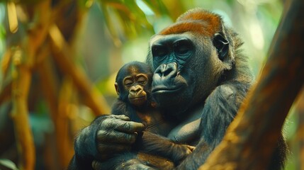 Wall Mural - Gorilla Gently Cradling Its Young in Its Arms, Demonstrating Tender Parenthood.
