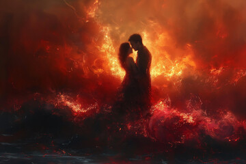 A couple is standing in the ocean, surrounded by flames