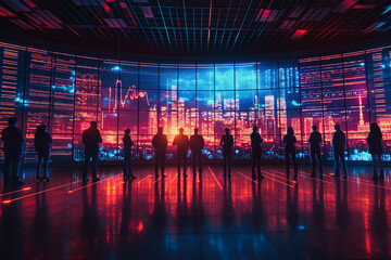 Poster - A group of people are standing in front of a large screen with a city view