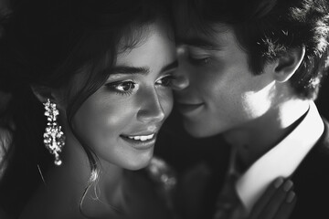 Wall Mural - A couple is hugging and smiling in a black and white photo