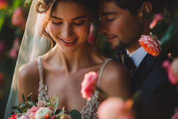 Wall Mural - A bride and groom are embracing in a field of pink flowers