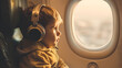 Little boy with headphones listening to music in the plane. Child traveling by airplane