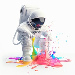 Wall Mural - astronaut conducting a science experiment with colorful fluids on a bright white background