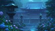 紫陽花とお寺の風景、雨天12