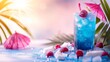 Blue raspberry coconut punch with ice cubes and a sunny background copy space